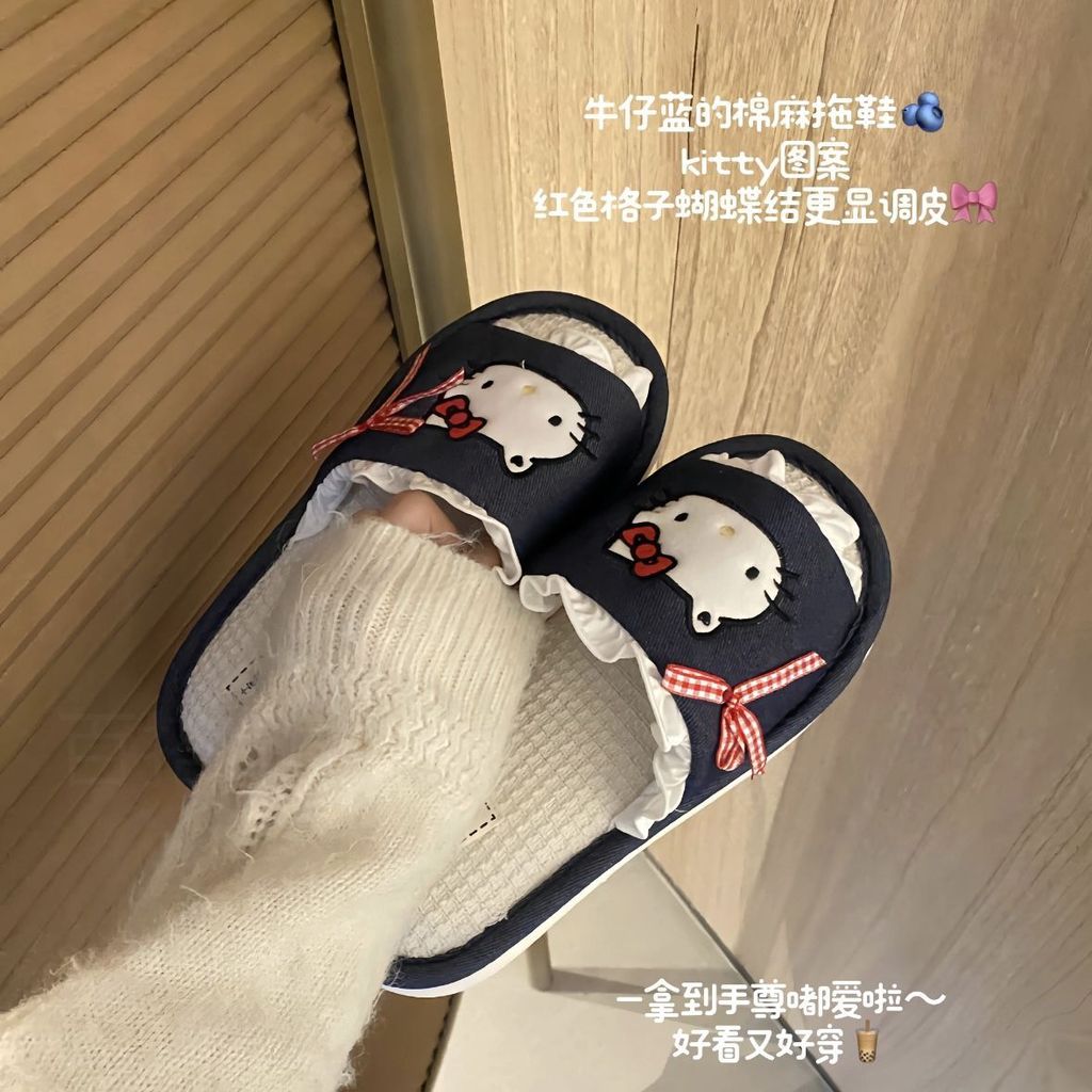 Gukoo และ Hello Kitty รองเท้าแตะผ้าลินิน สำหรับผู้หญิง ฤดูใบไม้ผลิ