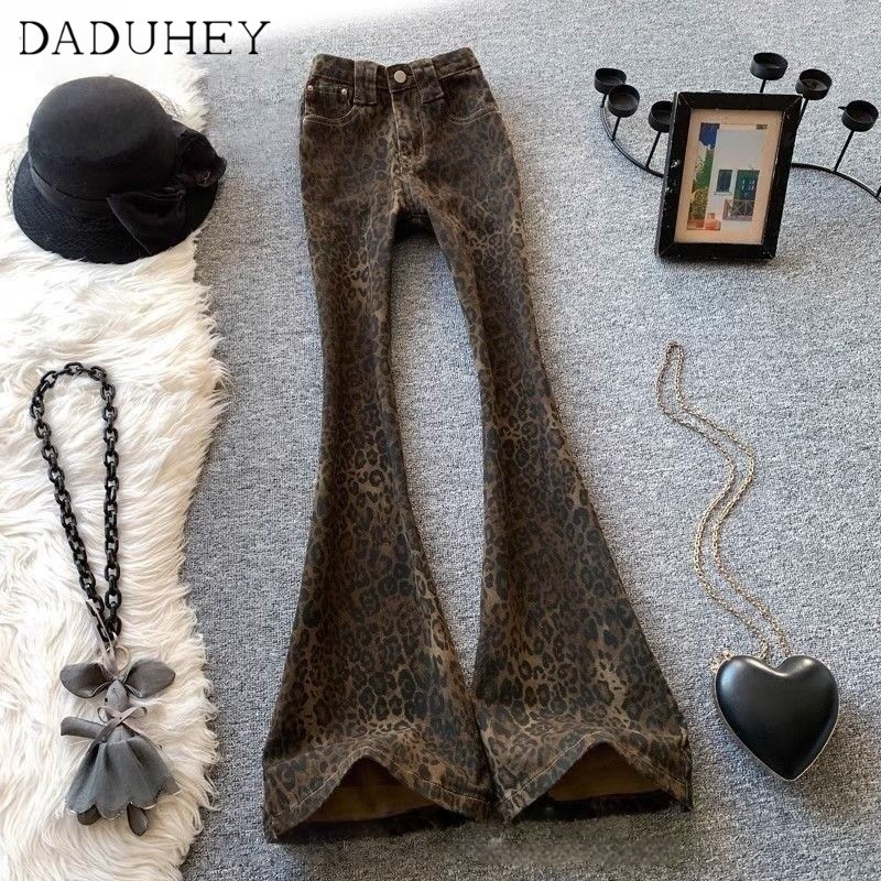 DaDuHey Women's Leopard Print Fashionable All-Match Horseshoe Pants Autumn New Retro Skinny Jeans