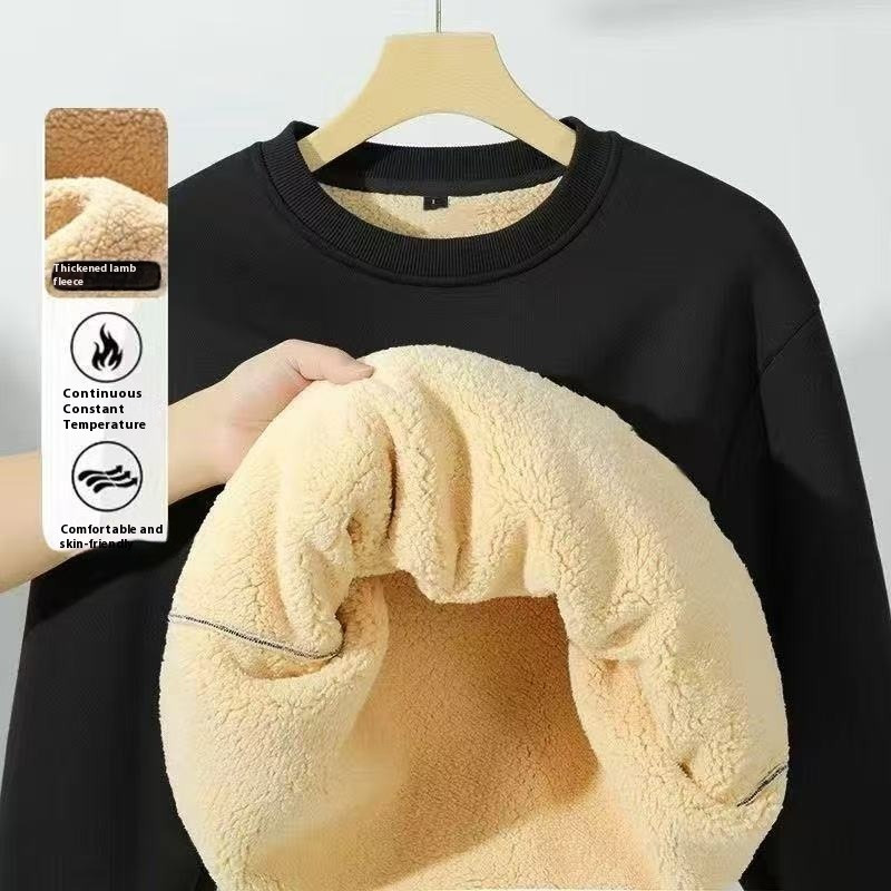 เสื้อกันหนาว fleece-l-lined หนังแกะหนา สำหรับทั้งชายและหญิง คอกลม สวมใส่สบาย อุ่