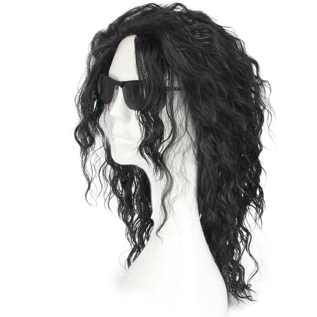 Black Mens Wig 70s 80s Costume Wig Long Curly Mullet Hair Metal Rocker Punk Halloween Party Heat Res