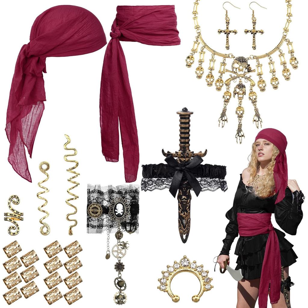 26 Pcs Women Pirate Costume Accessories Set Pirate Head Scarf Sash Bracelet Necklace Jewelry Set for