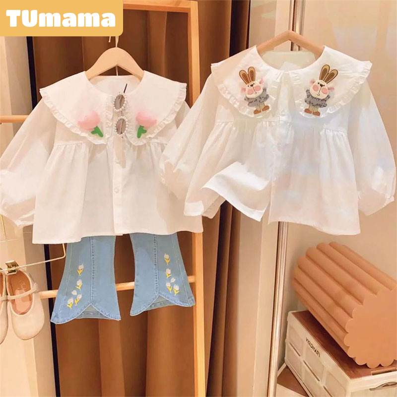 TUmama เสื้อเชิ้ตแขนยาวสีขาบสำหรับเด็กผู้หญิง สไตล์ใหม่น่ารัก