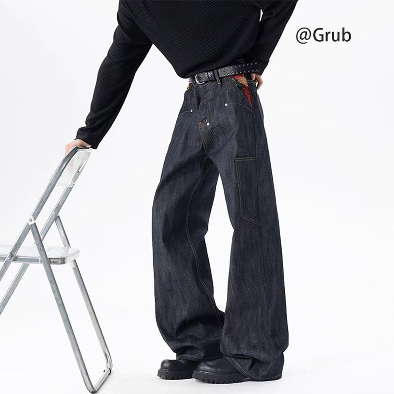 กางเกงยีนส์ผู้ชาย Drooping Straight Loose Mop Jeans Mens and Womens Lazy Casual Trend Slimming