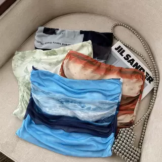 เสื้อแขนยาวเกาะอกทรงชายหาด มีฟองน้ำเสริมทรงในตัว ทำจากผ้าชีฟอง เสื้อผู้หญิง