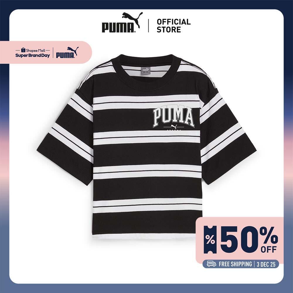PUMA BASICS - เสื้อยืดผู้หญิง PUMA SQUAD Striped สีดำ - 68153801
