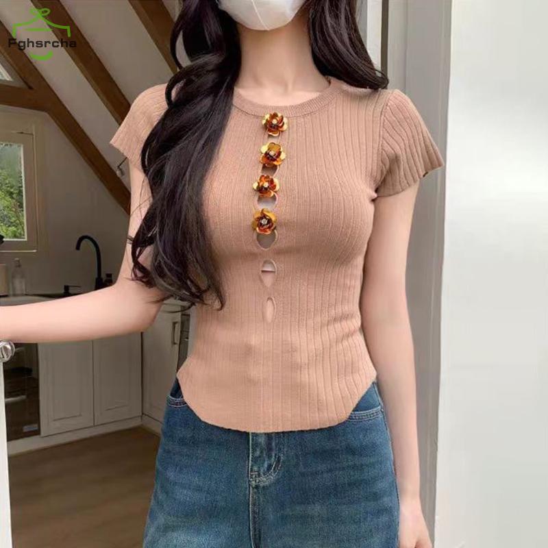 [FHC] ฤดูร้อนหวานเซ็กซี่ดอกไม้ Hollow รอบคอแขนสั้น Slim ถักเสื้อยืดสําหรับผู้หญิง [fhc]