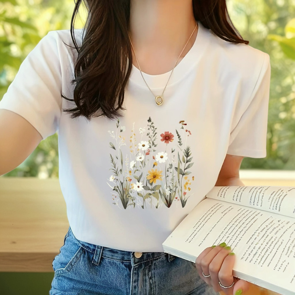 เสื้อยืดลายดอกไม้ป่าสไตล์วาดมือ ละมุนสดใส ใส่ได้ทั้งชายหญิง ทรงหลวมใส่สบาย