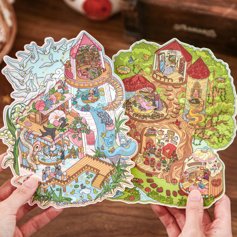 WEI 4 ชิ้น [Fairy Tale Book Series] 3D กันน้ําสติกเกอร์ภูมิทัศน์ Andersen Zhu Yu Grim Qi Yu สไตล์การ์ตูนสําหรับ Scrapbooking Journaling DIY Craft Supplies