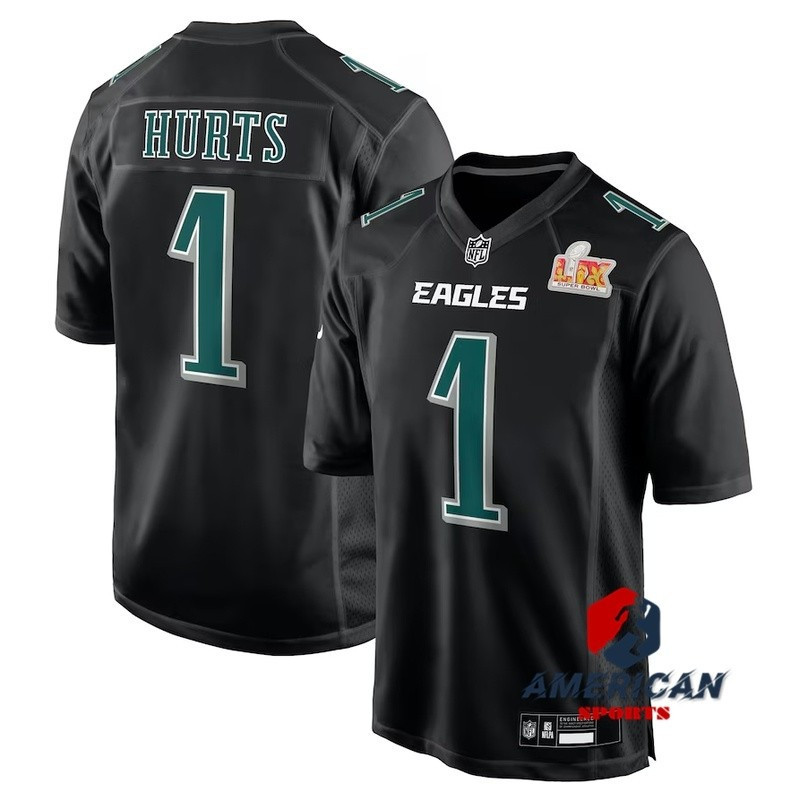 เสื้อทีมฟุตบอล Philadelphia Eagles ลาย Jalen Hurts สีดำ สำหรับผู้ชาย ซูเปอร์โบว์ล ปี 2025