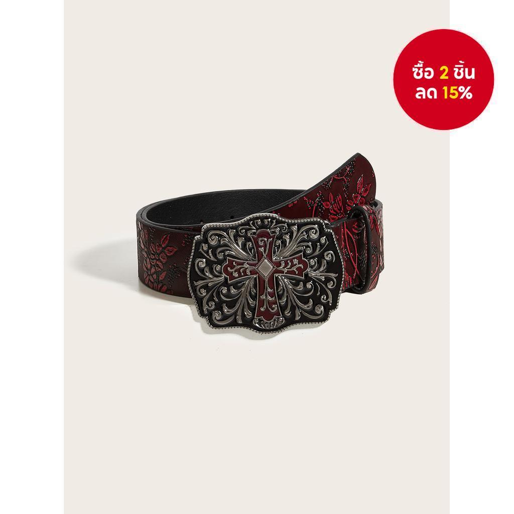 วินเทจตะวันตก ย2เค ข้ามหัวเข็มขัดเข็มขัดเบอร์กันดีดอกไม้นูนปรับสําหรับผู้หญิงกางเกงยีนส์ทุกวันชุด