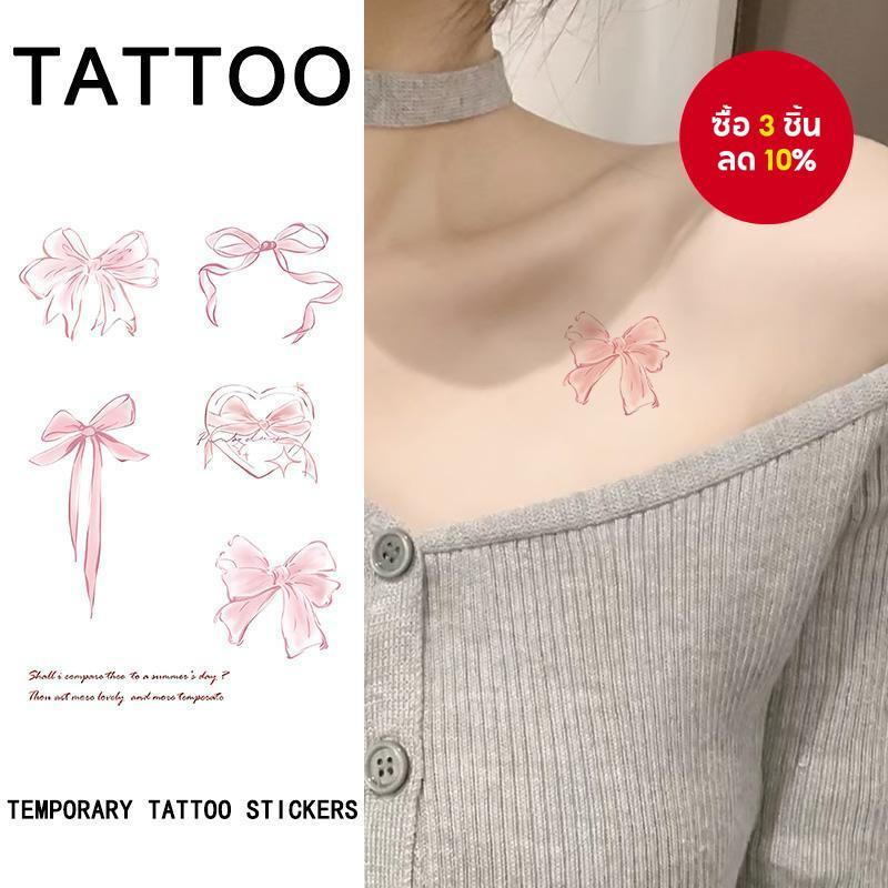 รอยสักชั่วคราว - สติ๊กเกอร์ดีไซน์โบว์สีชมพูกันน้ํา, ศิลปะร่างกายแขนสําหรับผู้ชายและผู้หญิง
