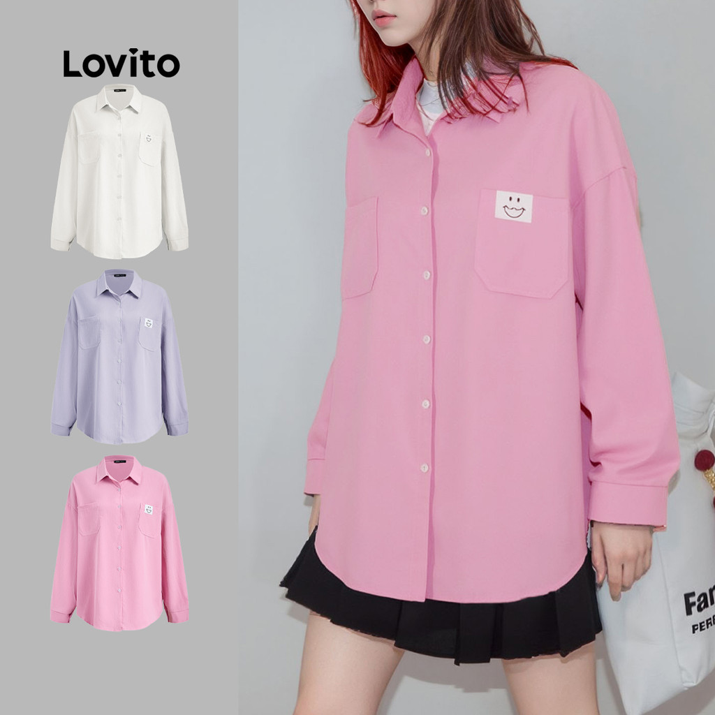 Lovito เสื้อลําลองเสื้อกระเป๋าด้านหน้าปุ่มธรรมดาสําหรับผู้หญิง Lna29005 (ขาว/ชมพู/ฟ้า)