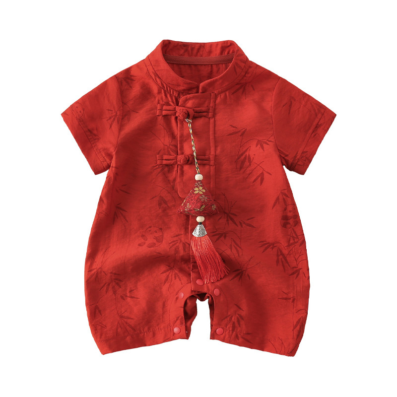 ปีใหม่ทารกแรกเกิด กี่เพ้า เด็กแขนสั้นผ้าฝ้ายไม้ไผ่พิมพ์ ชุดจั๊มสูท ส่งถุงไม้ไผ่สีแดง - รูปที่ 4