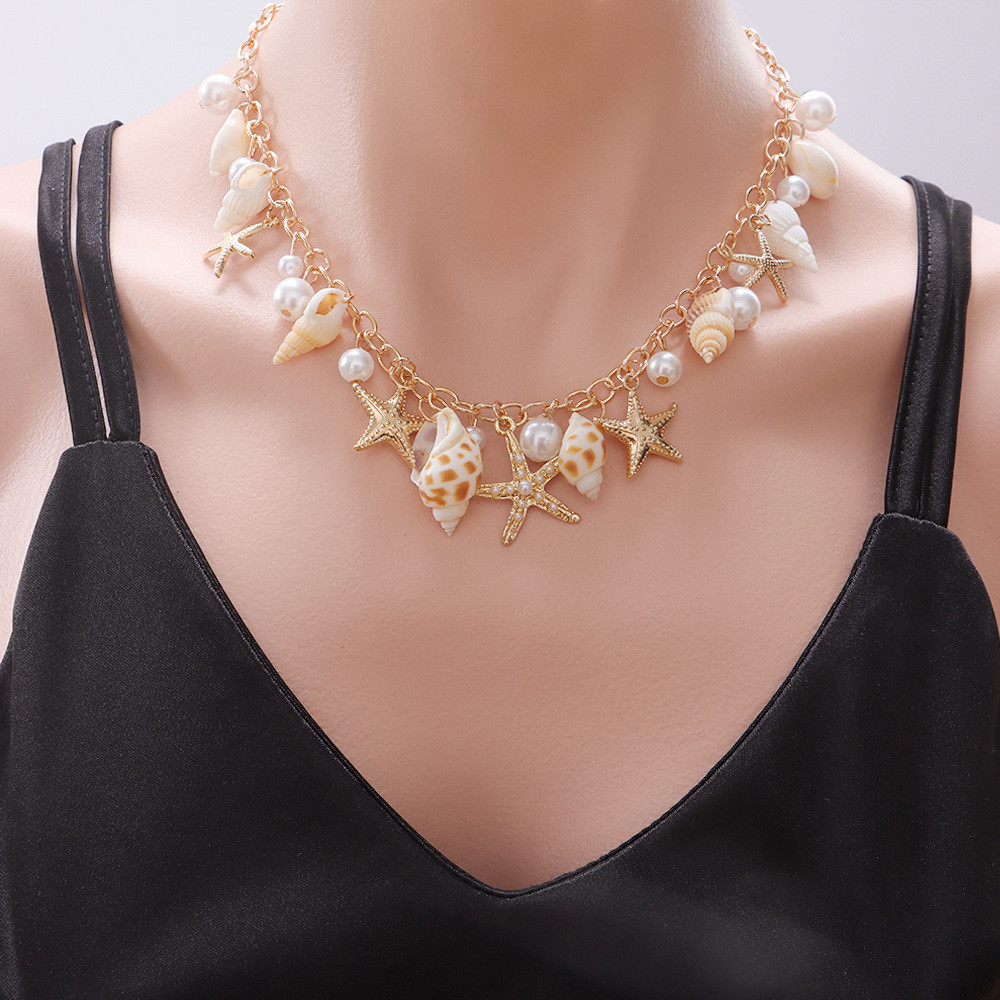 Bohemian Beach Shell Clavicle Chain Niche Seaside Travel เลียนแบบไข่มุกปลาดาว Conch จี้สร้อยคอ 9Q1W