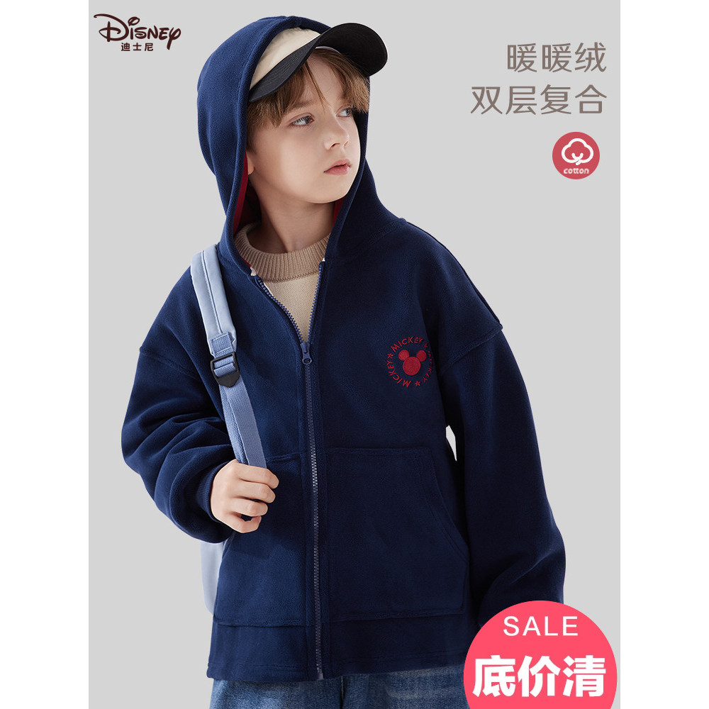 Disney Boys Jacket ฤดูใบไม้ร่วงฤดูหนาวเด็ก Hooded Cardigan Top Warm ขนาดกลางขนาดใหญ่เด็กขนแกะเสื้อกั