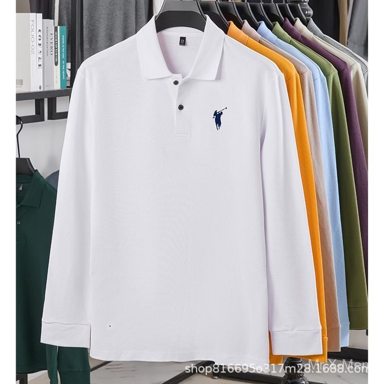 เสื้อโปโลแขนยาวปักลายสําหรับผู้ชายทรงหลวมแบบใหม่คอปกเปิดลงธุรกิจลําลองด้านบนสําหรับฤดูใบไม้ร่วงและฤดูหนาว