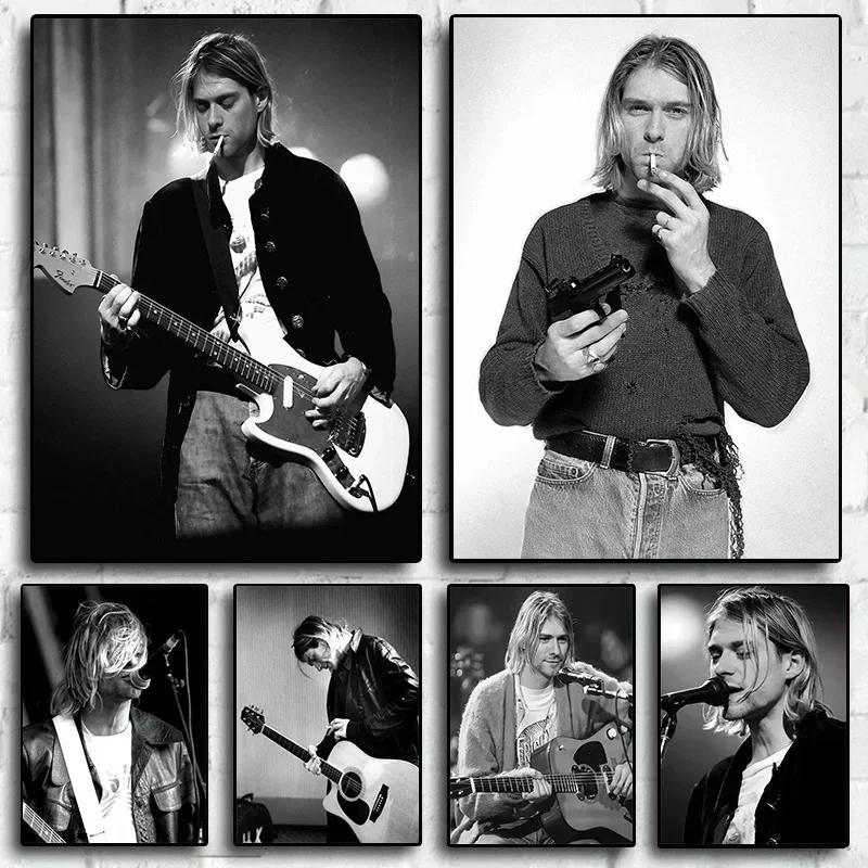 โปสเตอร์ถ่ายภาพสีดําและสีขาวของนักร้องร็อค Kurt Cobain - ภาพศิลปะผ้าใบสําหรับตกแต่งห้องบ้าน 1001