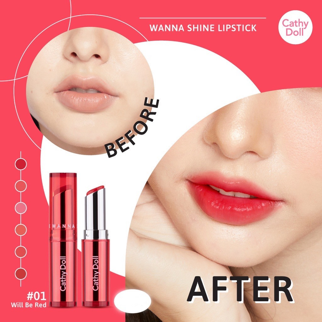 [1 แท่ง] Cathy Doll Wanna Shine Lipstick เคที่ดอลล์ วันนาไชน์ ลิปสติก ลิปสีบำรุงริมฝีปาก ลิปสติกเนื้อวาว รูปที่ 5