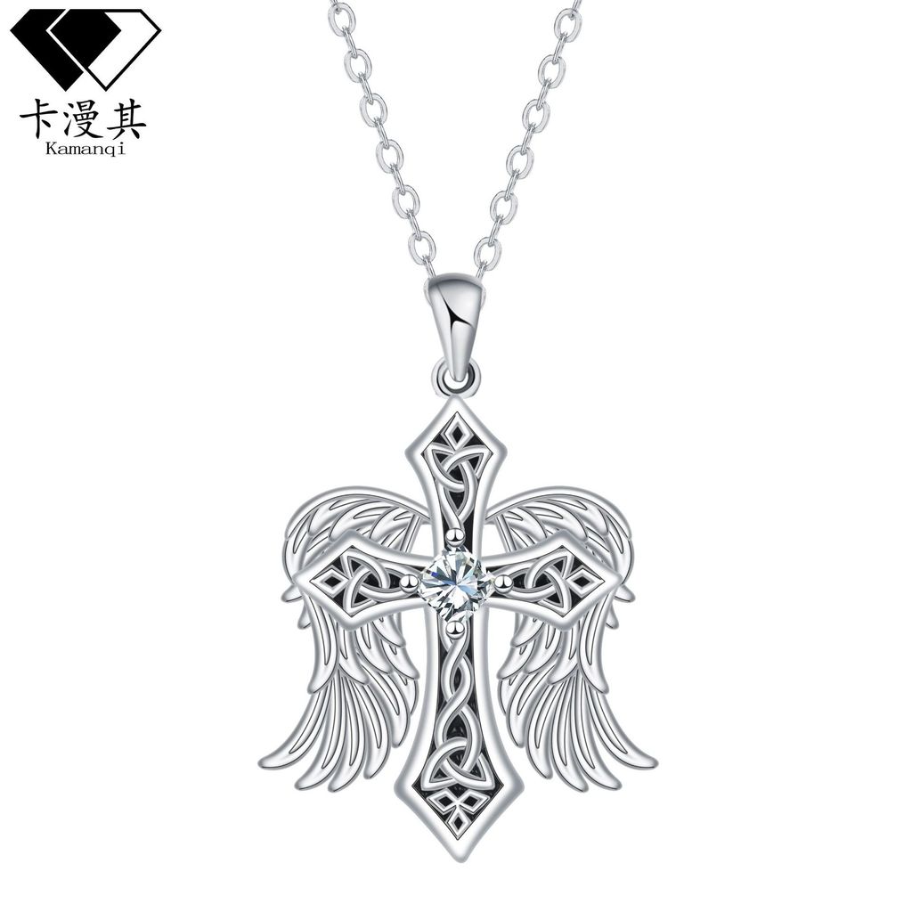 Knn-1016 CROSS จี้สีกากียุโรปอเมริกัน Cross-Border แฟชั่น Retro High-End Angel Wing สร้อยคอ#11