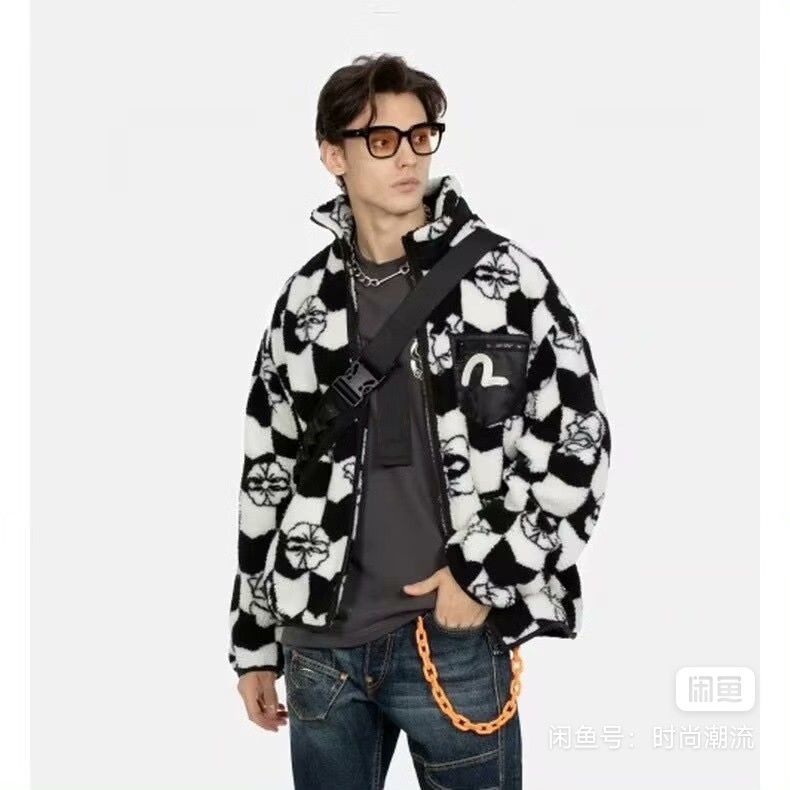 Evisu New Style Checkerboard Loose Lamb Wool Jacket Men