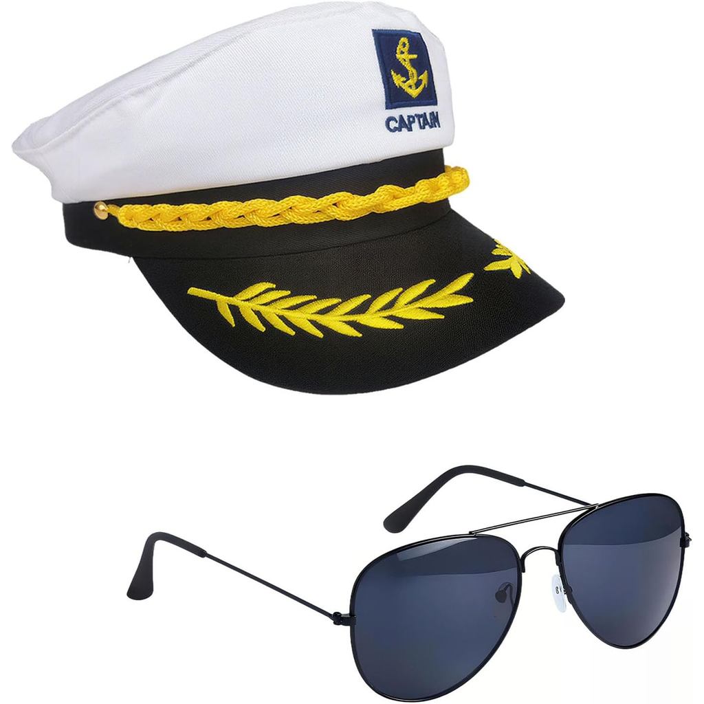 Captain Hat and Sunglasses Set – Sailor Costume Accessories for Men and Women, Nautical Captain Hat 