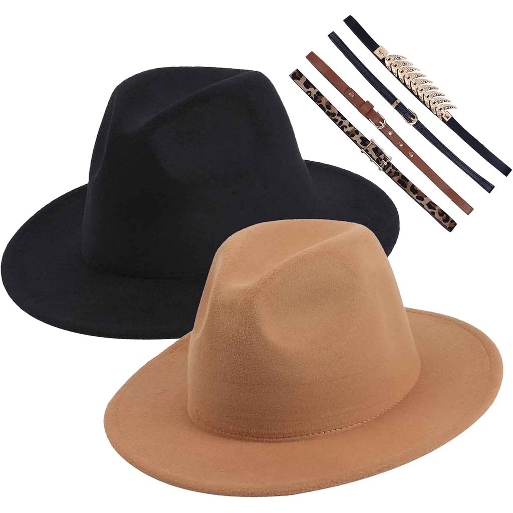 2 Pack Mens Womens Fedora Hat Classic Wide Brim Floppy Panama Hat with Ring Belt Buckle Fashion Fedo