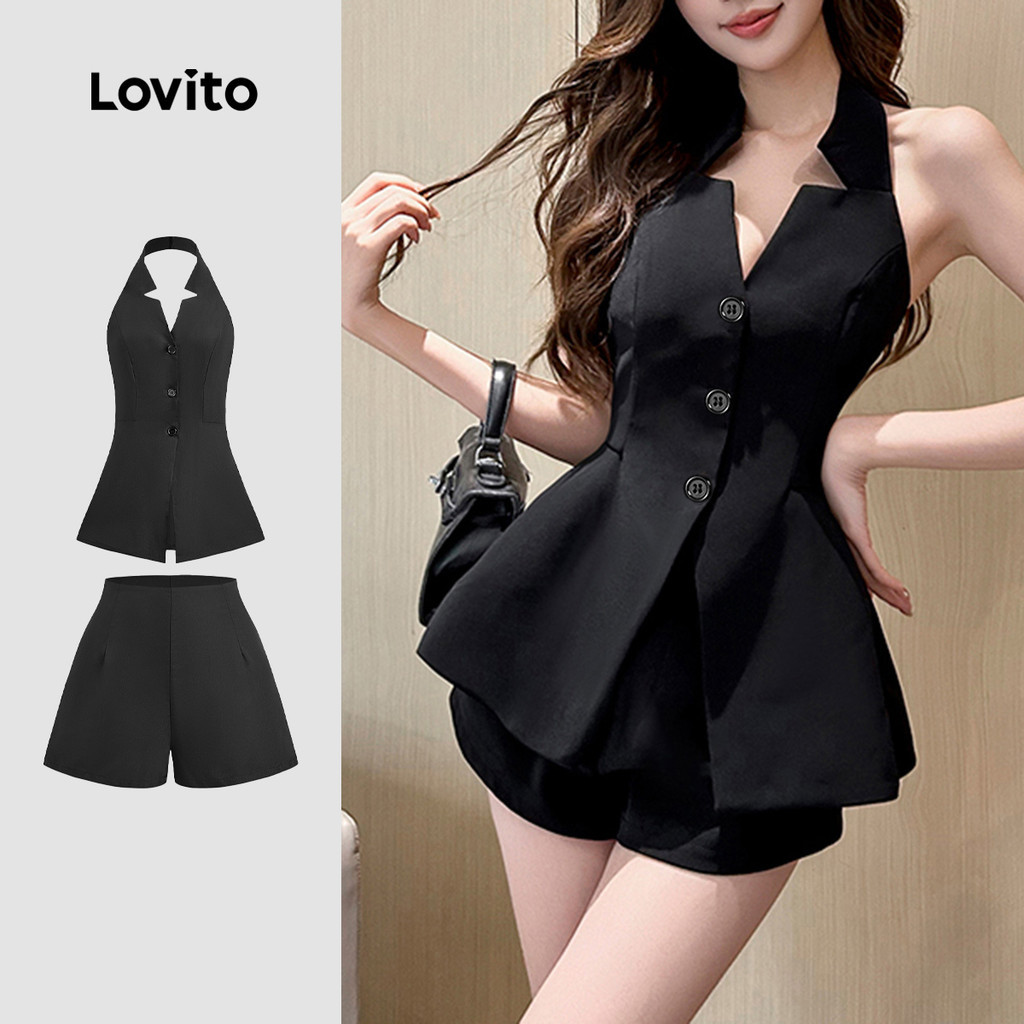(New) Lovito เสื้อกล้ามหรือกางเกงแบบเข้าทรงด้านหน้ามีกระดุม สำหรับฤดูใบไม้ผลิ/ฤดูร้อนแบบเรียบง่าย L150ED600