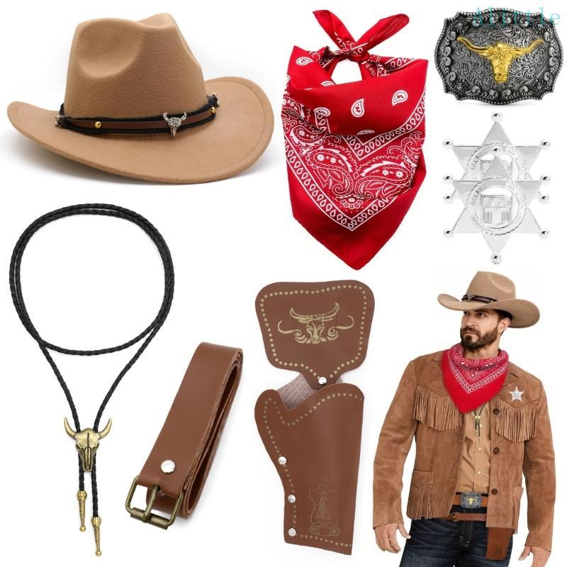 Alia Western ชุดคาวบอยตะวันตกเครื่องแต่งกายอุปกรณ์เสริมคาวบอยหมวก Bandanna เข็มขัดสําหรับผู้ใหญ่เด็กฮาโลวีนคอสเพลย์ Costu