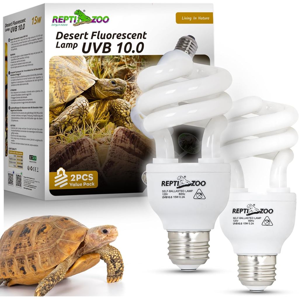 REPTI ZOO UVB Light สําหรับทะเลทรายสัตว์เลื้อยคลาน 2 แพ็ค, 10.0 15W UVA UVB หลอดไฟสัตว์เลื้อยคลาน, ห
