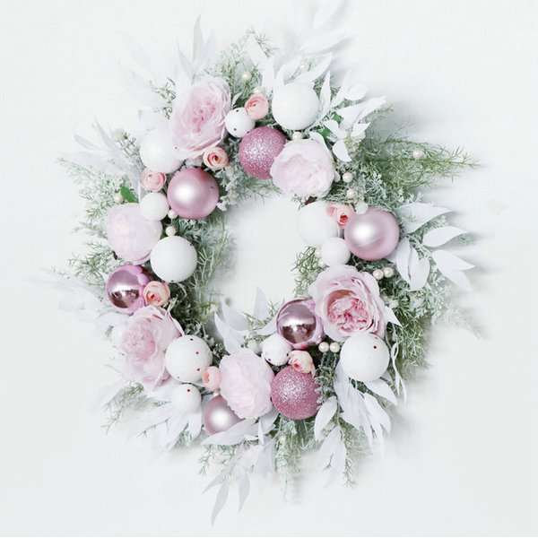 พวงหรีด christmas wreath ทําด้วยมือบริสุทธิ์ตกแต่งคริสต์มาสของขวัญวันหยุดพวงหรีดสีชมพูคริสต์มาสบอลพว