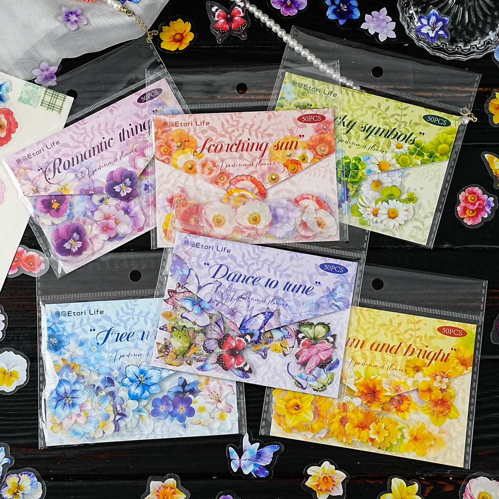 Journamm 50pcs ผีเสื้อสมุดภาพสติกเกอร์ชุดดอกไม้ PET สติกเกอร์โปร่งใสชุดสําหรับ Junk Journal ขวดน้ําโทรศัพท์แล็ปท็อป Decals Pack