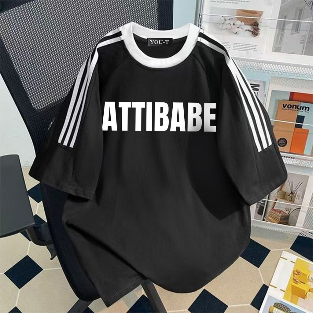 Top.street [COD] เสื้อยืด ดีไซน์สามแถบ เสื้อยืดคอกลม ทรงหลวม แขนสั้น ใส่สบาย 'ATTIBABE' 5 สี สไตล์เกาหลี s-3xl