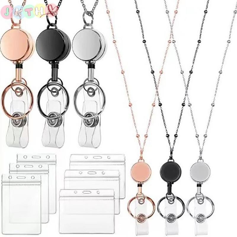 JKTH Retractable Badge Reel Lanyard ID ผู้ถือบัตรสร้อยคอโซ่พลาสติกพวงกุญแจคลิปสําหรับผู้หญิงผู้ชายพน