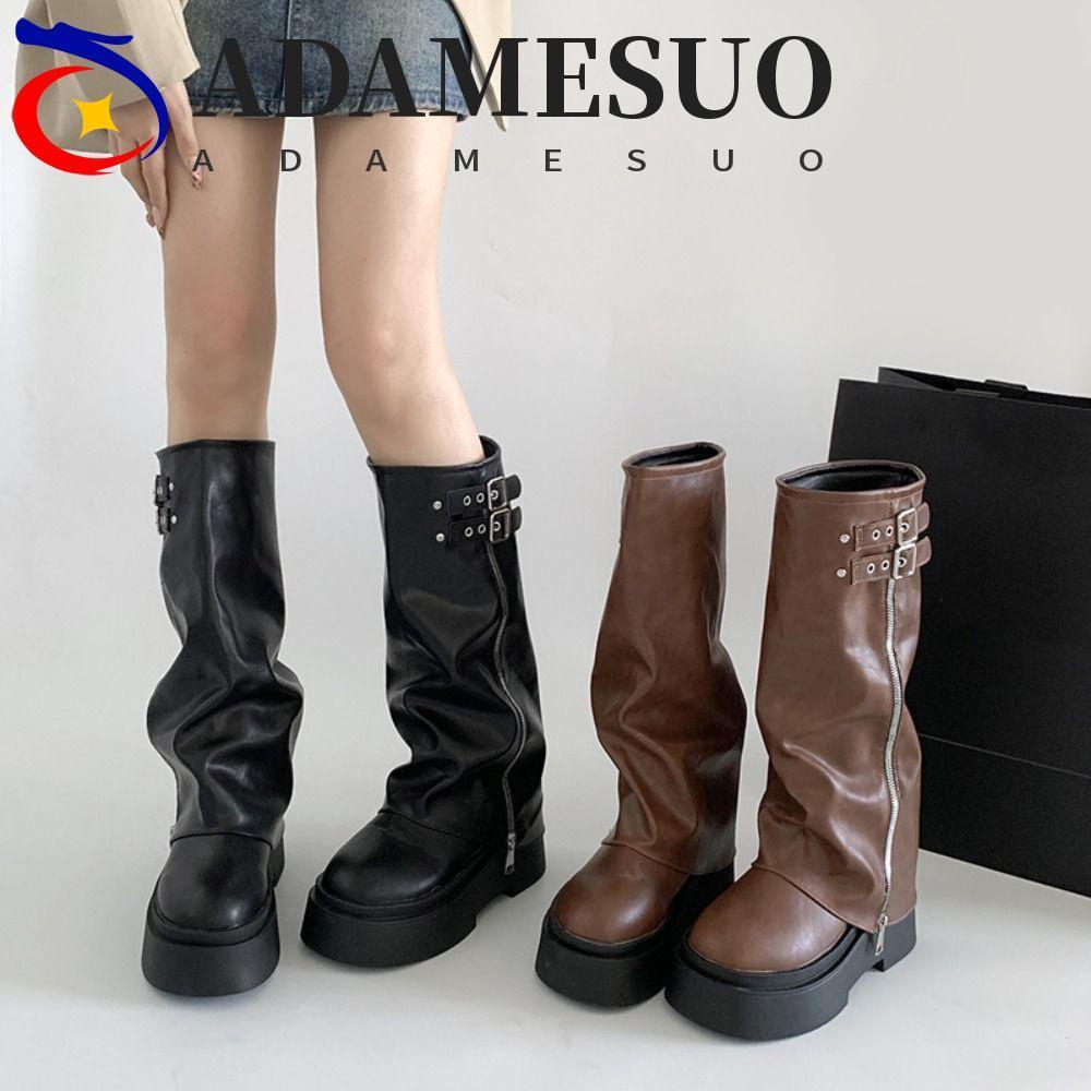Adamesuo ผู้หญิง Biker รองเท้า, ออกแบบใหม่แพลตฟอร์มผู้หญิงเข่าสูง Booties, อินเทรนด์ Street สไตล์เข็มขัดหัวเข็มขัด Gladiator ยาวท่อ Booties สุภาพสตรี