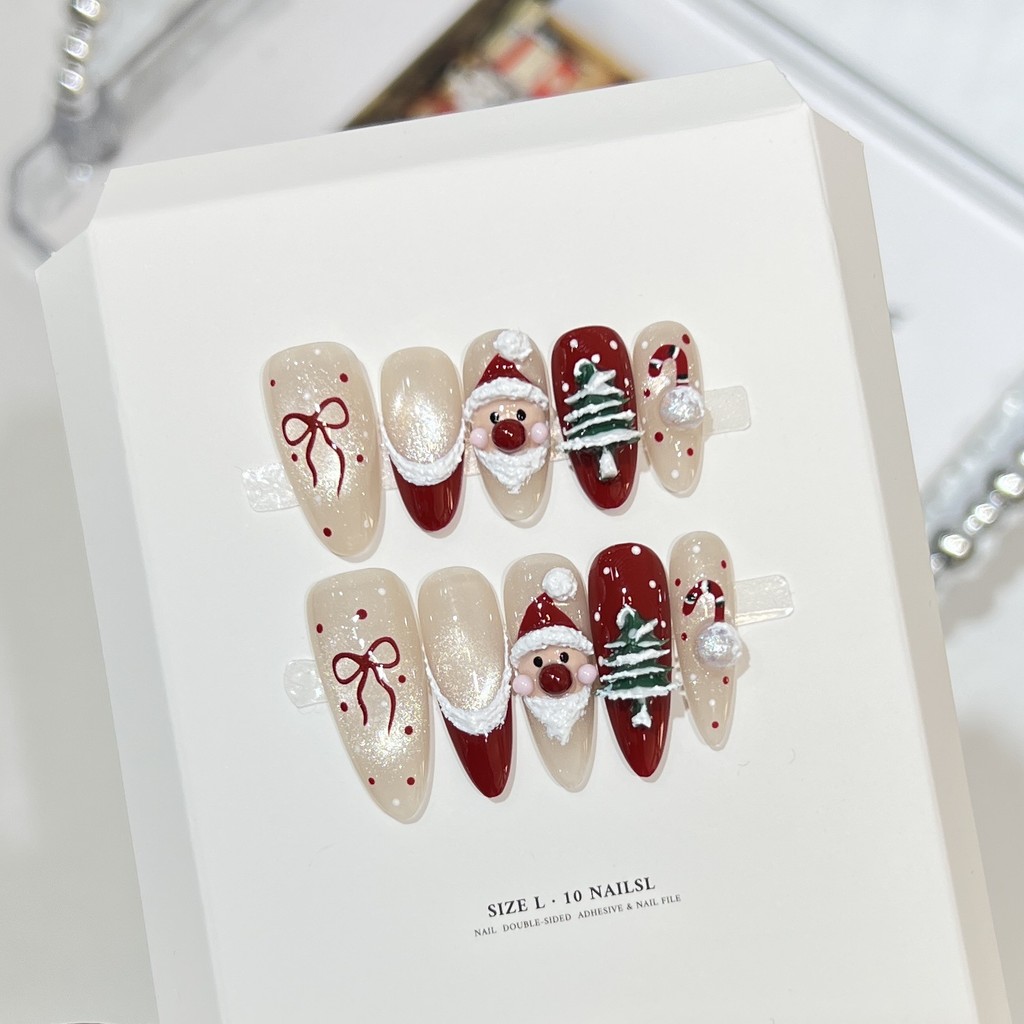 HANDMADE + กาวฟรีArtificial Nail Snow and Trees Christmas Sculpting Santa Claus Red French Photother