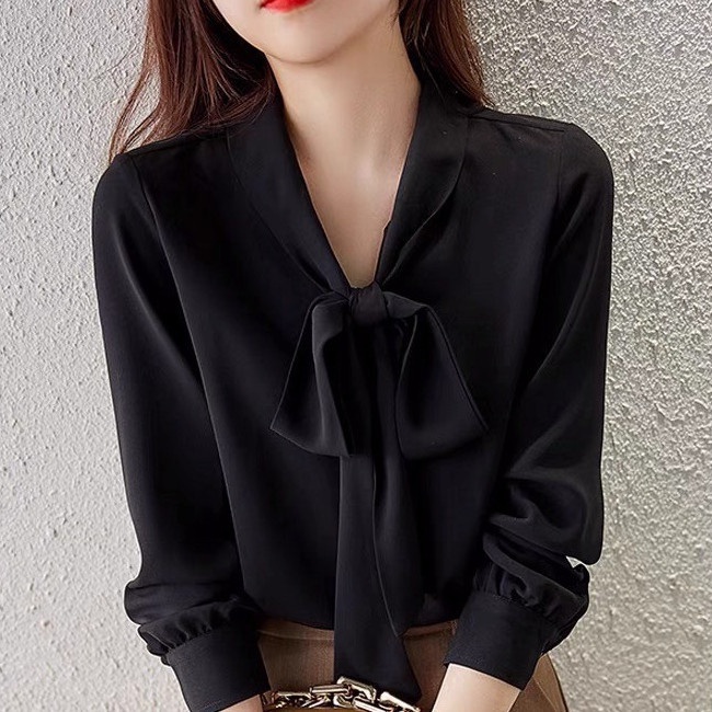 เสื้อเชิ้ตแขนยาวสำหรับผู้หญิงตัวนี้ตกแต่งด้วยริบบิ้นผูกและโบว์ในดีไซน์สีพื้น เหมาะสำหรับใส่ไปทำงาน#99248 ราคา ถูกที่สุด ดีลบีเคเค แกลเลอรีภาพที่ 8