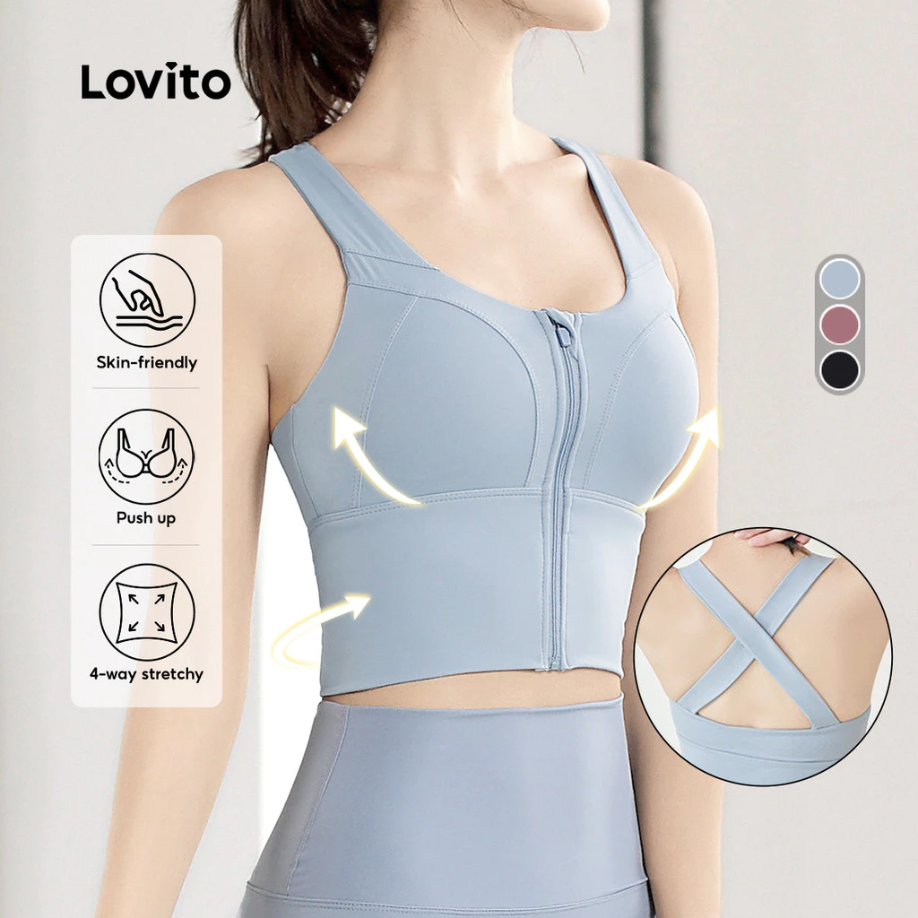 Lovito สปอร์ตบรา ซิปเปอร์ พุชอัพ ยืดหยุ่น 4 ทิศทาง สีฟ้า LNA129036 thumbnail 3