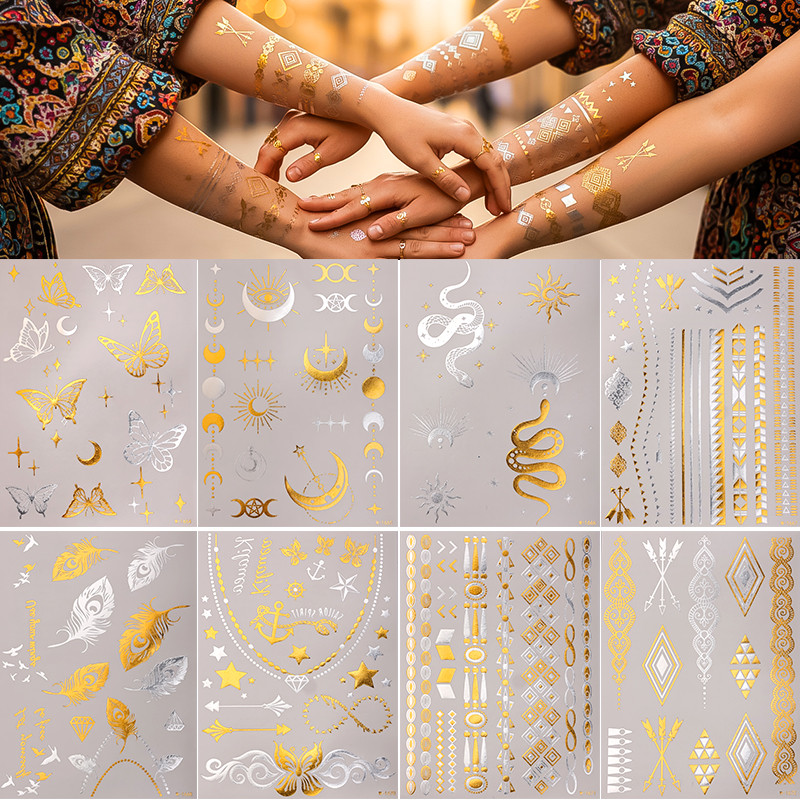 2026Years สไตล์ใหม่ Glitter Bohemian ชั่วคราว Tattoo สติกเกอร์ Golden Silvery Henna กันน้ํา Tattoo สติกเกอร์สําหรับผู้หญิง Body Art สักปลอม