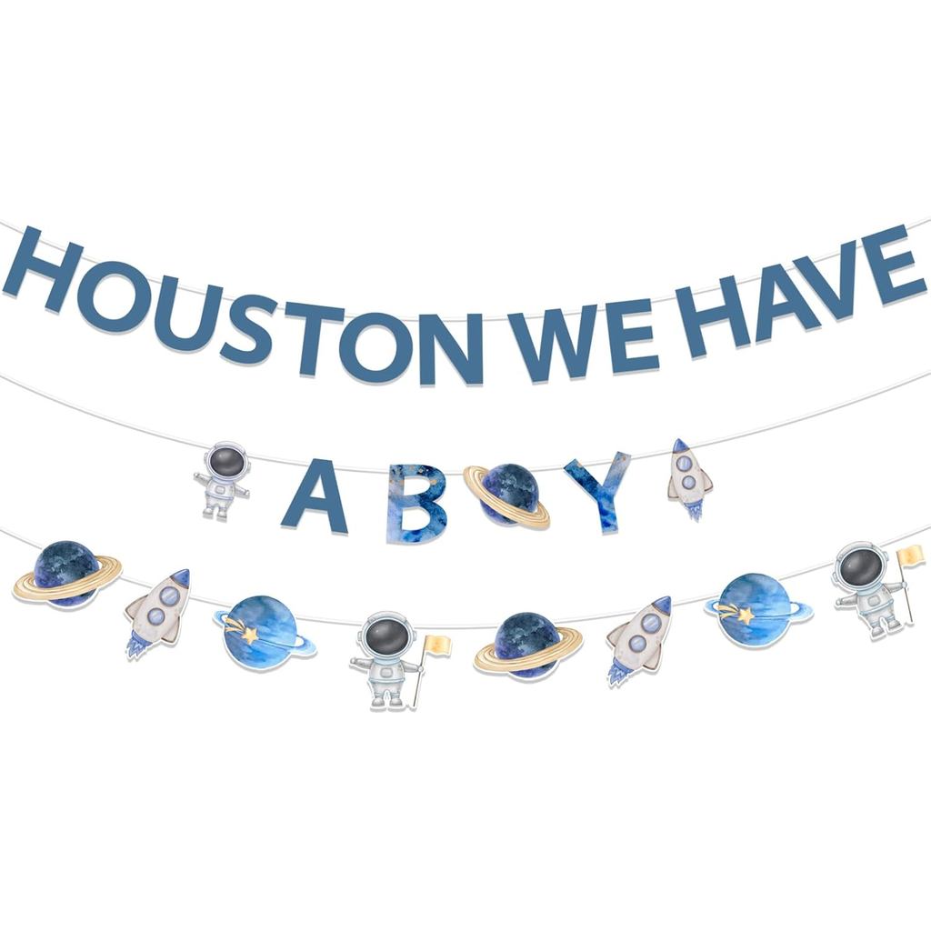Sursurprise Houston เรามีแบนเนอร์ Boy, แบนเนอร์ธีมอวกาศด้านนอก, นักบินอวกาศอาบน้ําเด็กตกแต่ง Party S