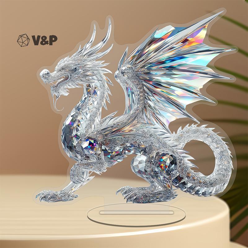 V & P อะคริลิคคริสตัลสีขาวมังกรรูปปั้น 2D แบน Cool Figurine Home Office Cafe Room สตูดิโอแสดงกรณีตาร