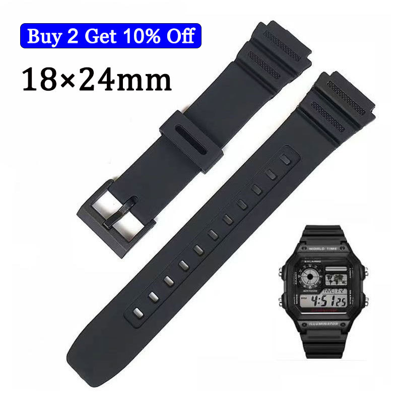 18 มม.สายนาฬิกาเรซินสําหรับ Casio G-shock AE-1200 AE-1300 AE-1100w W-218H F-91W F-84 W-800H นาฬิกาอิเล็กทรอนิกส์ยางสร้อยข้อมือซิลิโคนสีดําสายรัดข้อมือนักเรียน