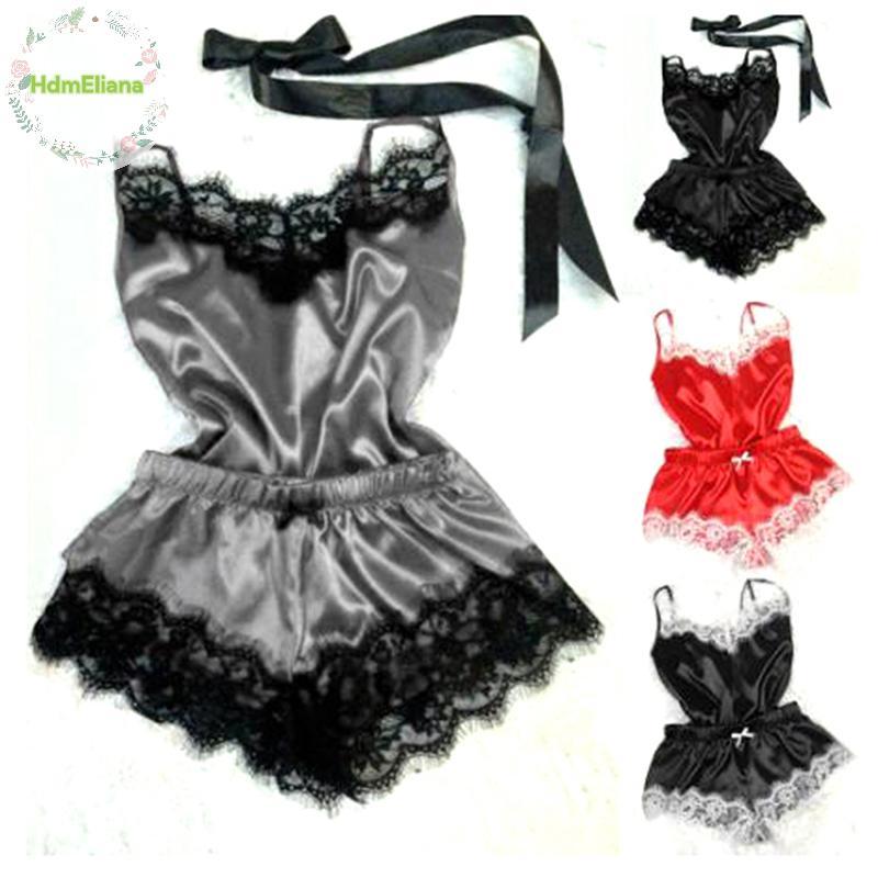 HdmEliana ชุดนอนสำหรับผู้หญิง แบบสายคล้องคอลูกไม้ มี Trim ซาติน และ Cami Top