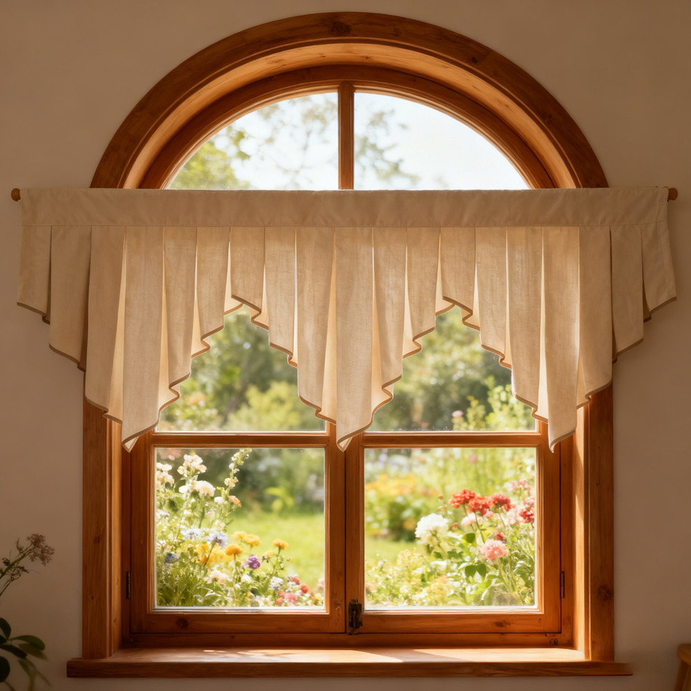 Luxury Beige Swag ผ้าม่าน Valance Rod กระเป๋า Scalloped ผ้าม่าน Topper จีบสําหรับห้องครัวห้องนอนอเนก