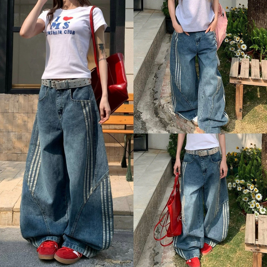 🦄Riley🦄กางเกงขายาว ทรงหลวม เอวสูง แต่งแถบด้านข้าง กางเกงยีนส์ กางเกงแฟชั่น ผ้าใส่สบาย สไตล์เกาหลี แฟ