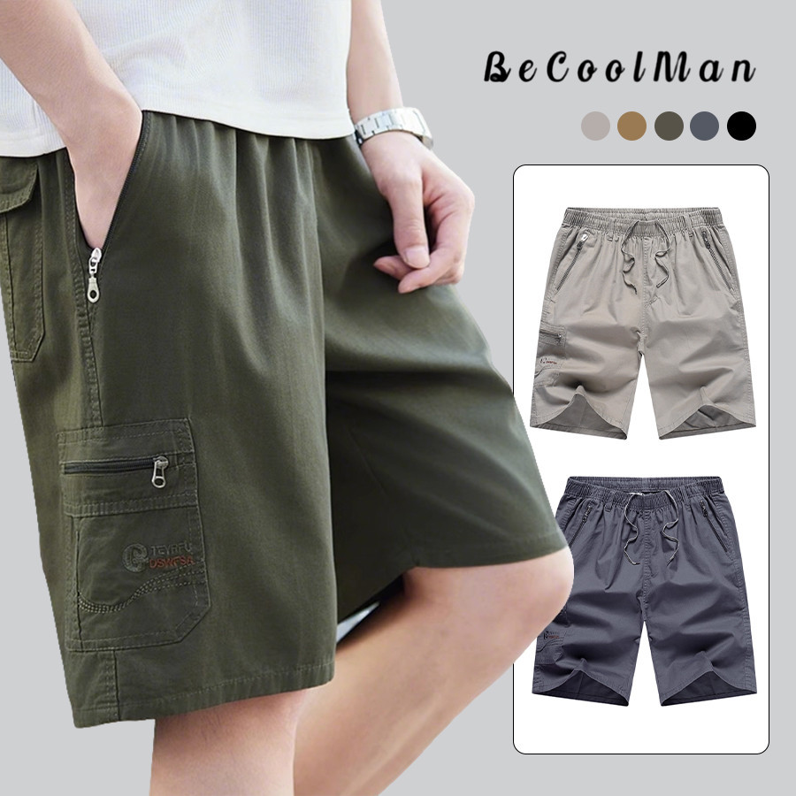 💥BecoolMan💥กางเกงขาสั้นผู้ชาย แบบงานช่าง เอวยางยืด ทรงตรง มีหลายกระเป๋า สีพื้น เรียบง่าย สไตล์สปอร์ต มีหลายสีให้เลือก