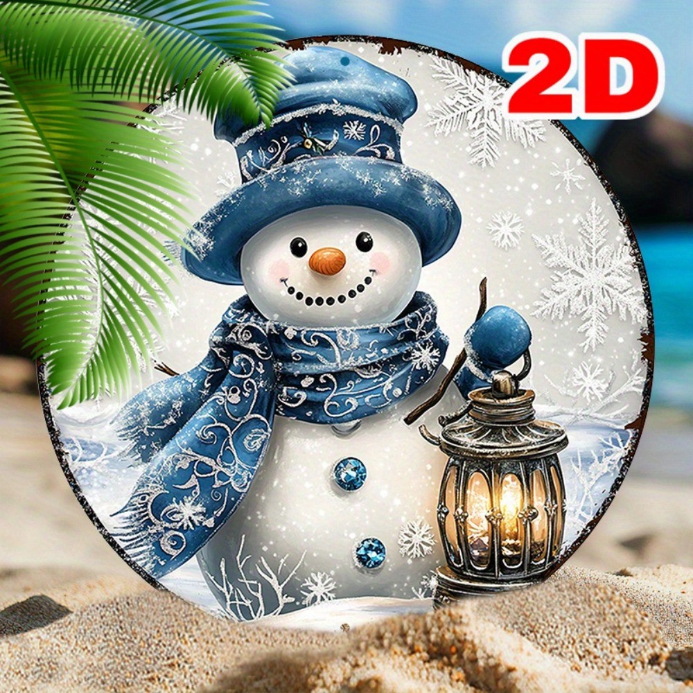 ป้ายโลหะมนุษย์หิมะคริสต์มาส 2DBrand – ดีไซน์งานรื่นเริงสีน้ําเงินและสีขาว, พวงหรีด-ตกแต่งบ้านที่สร้า