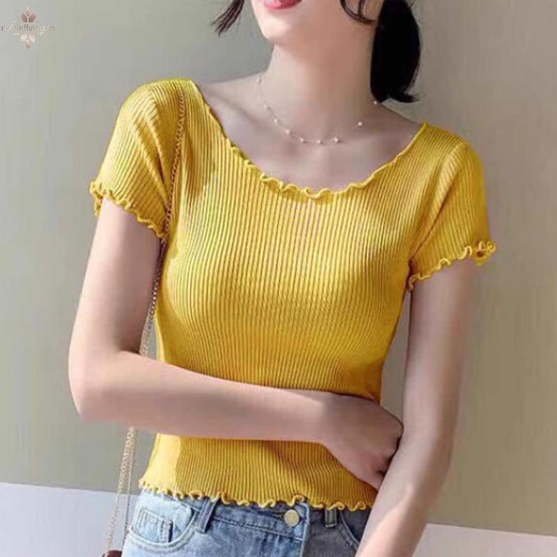 Nf Vintage ไม้หู O คอแขนสั้นเสื้อยืด 2025 ใหม่ผู้หญิง Slim Fit T เสื้อแน่น Tee ฤดูร้อน Retro Tops 4 