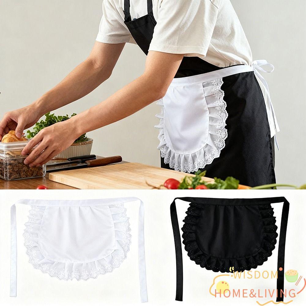 WISDOM ผ้ากันเปื้อนครึ่งเอว, สีดําสีขาวลูกไม้แม่บ้านผ้ากันเปื้อน, โลลิต้าสั้นเอวผ้ากันเปื้อน Beauty Flower Coffee Shop