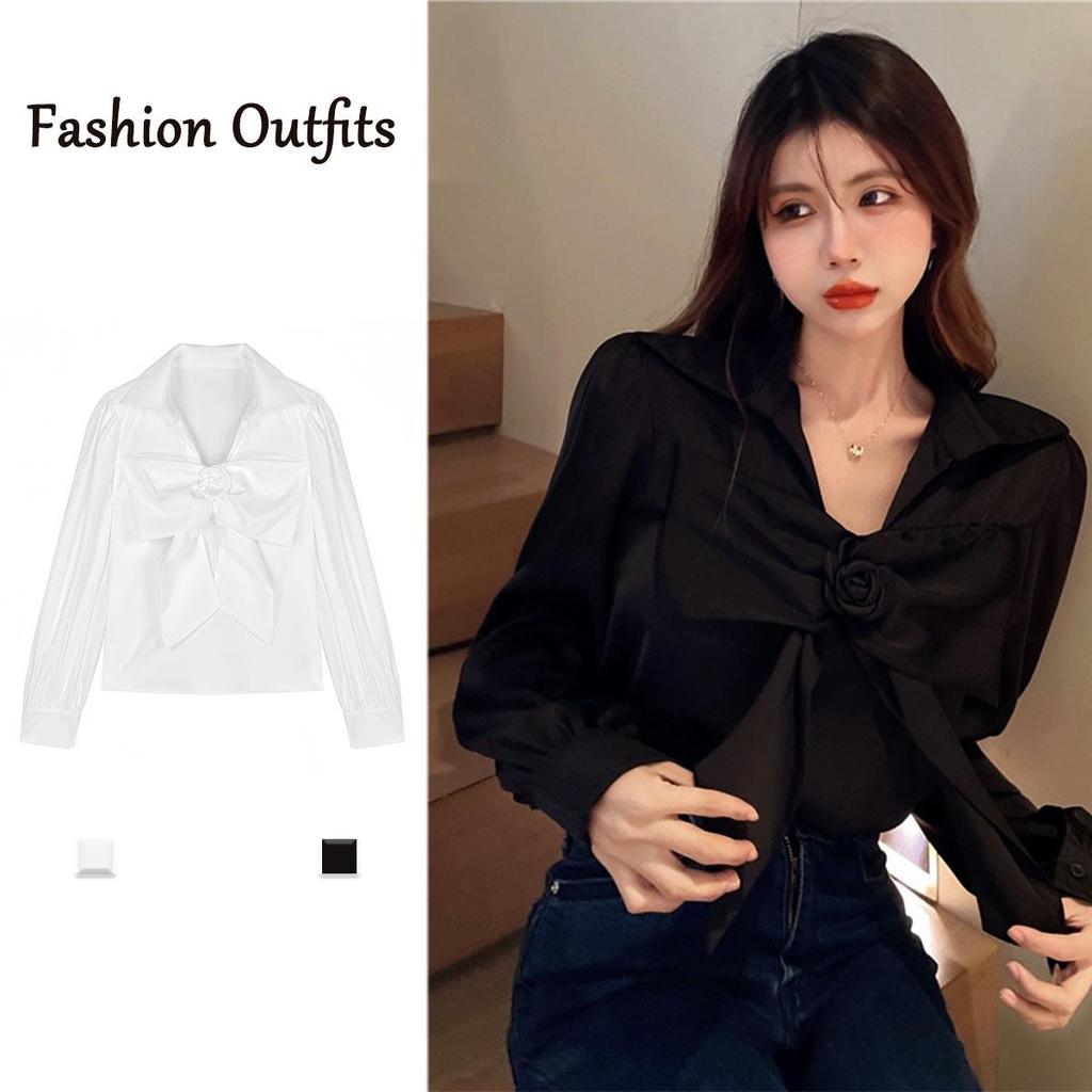 Chili Koko เสื้อเชิ้ตผูกโบว์หน้า สีดำขาวเสื้อเชิ้ตดีไซน์วินเทจสำหรับผู้หญิง เสื้อเชิ้ตแขนยาวแขนพอง คอวี W687
