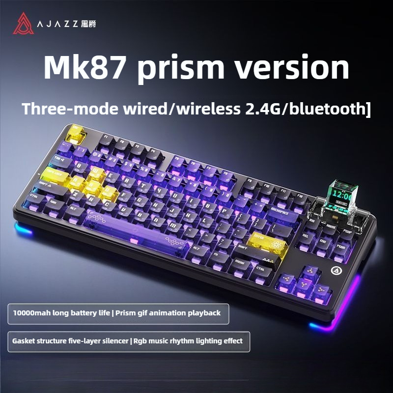 AJAZZ MK87 Prism คีย์บอร์ด RGB สามโหมดไร้สาย Esports คีย์บอร์ดเกม Hot Swap ปะเก็น 10000mAh Animated 